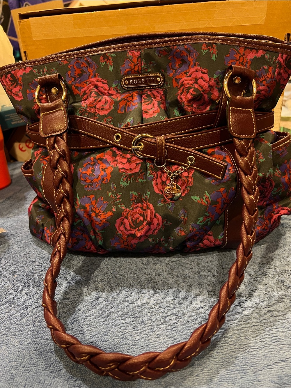 Rosetti Brown Tote with Pink and Purple Rose Print